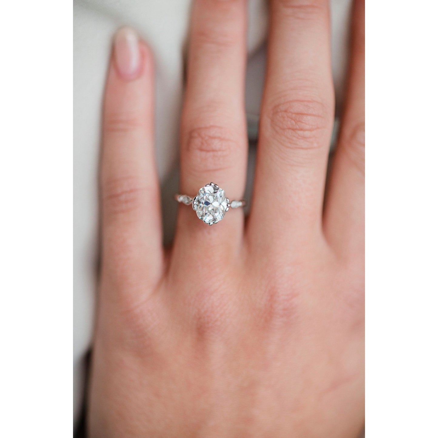 HARLOW 2.5 Carat (8.5x7.5mm) Old Mine Cut Moissanite Vintage Inspired NSEW Triple-Split Prong Engagement Ring in White 14K Gold Setting